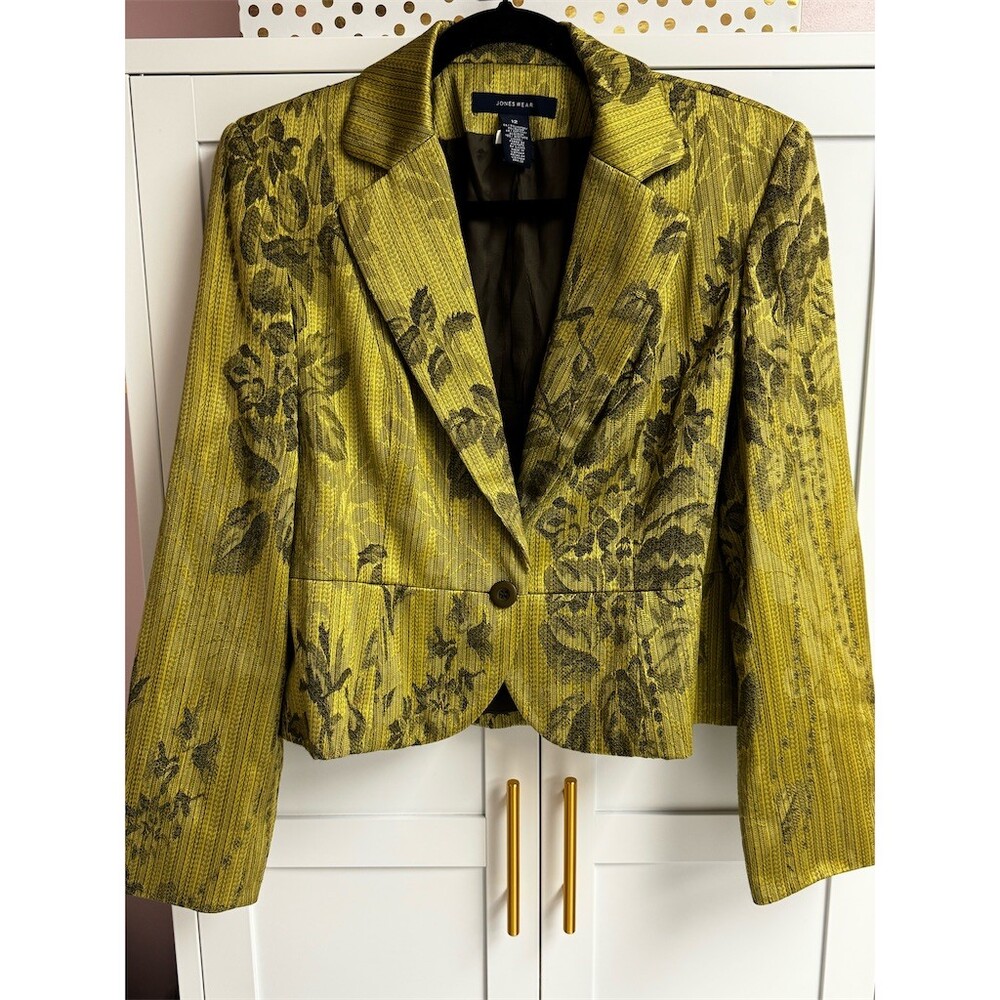 Jones Wear Blazer Womens Size 12 Green Floral Brocade One-Button Lined